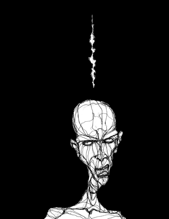 Ink drawing of a gaunt bald man staring upward at a white flame on a black background