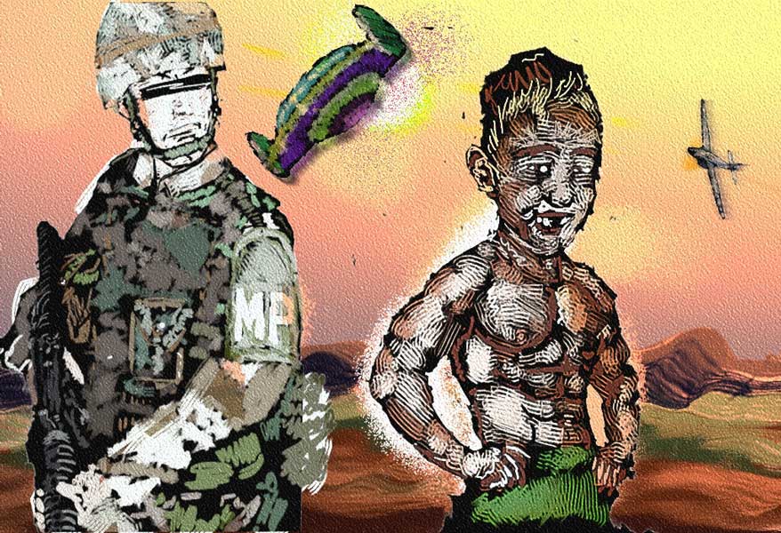 Painted scene of a soldier in camouflage beside a shirtless boy with a flying saucer overhead