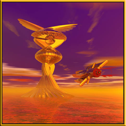Digital art of a golden hourglass-shaped tower and a winged spacecraft over a glowing orange sea