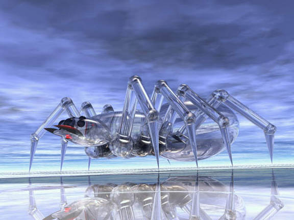 Rendering of a giant glassy mechanical spider standing on a reflective plain under a cloudy sky