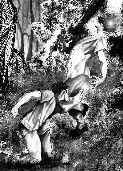 Black-and-white illustration of two men struggling in a dark forest at night
