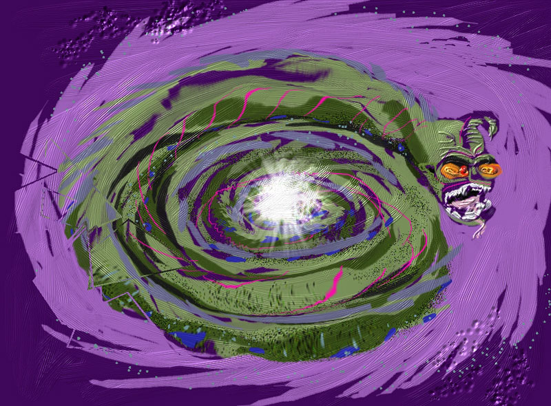 Painted spiral galaxy in purple and green with a bright white center and a small grinning face at its edge