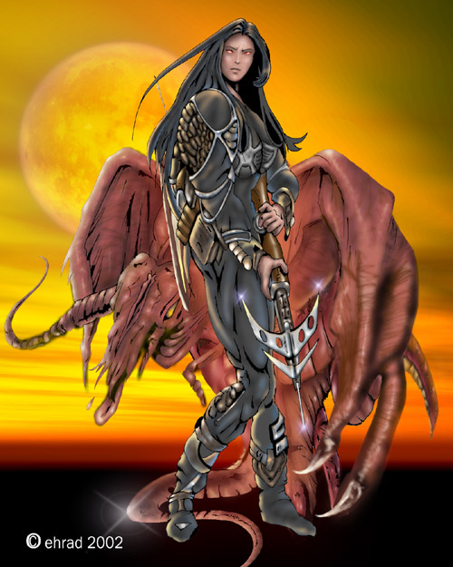 Digital art of a long-haired warrior in dark armor standing before a winged red dragon at sunset
