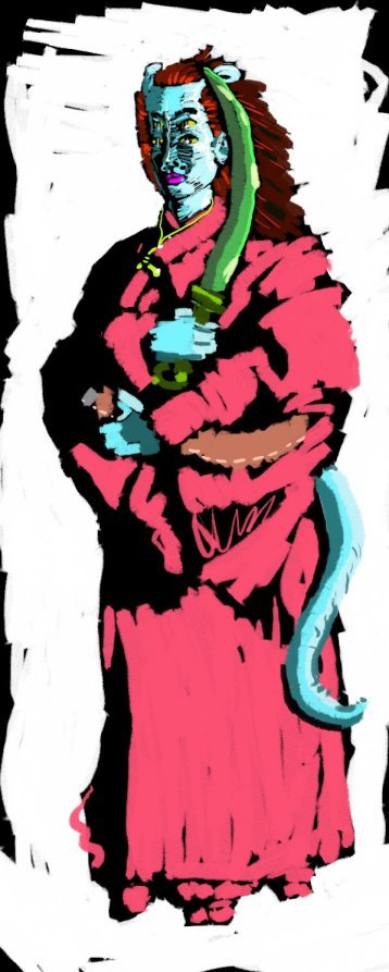 Drawing of a blue-skinned woman in a long red robe with a serpent draped around her shoulders