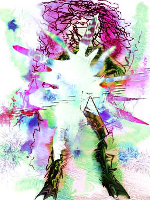 Chaotic sketch of a wild-haired figure blasted by a burst of white light amid swirling color