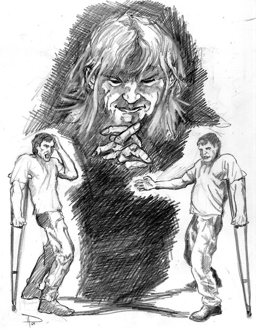 Pencil drawing of a looming long-haired man with steepled fingers above two men on crutches