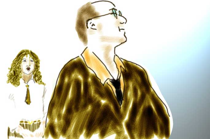 Illustration of a balding man in glasses and a gold shirt gazing upward, with a startled blonde woman behind him