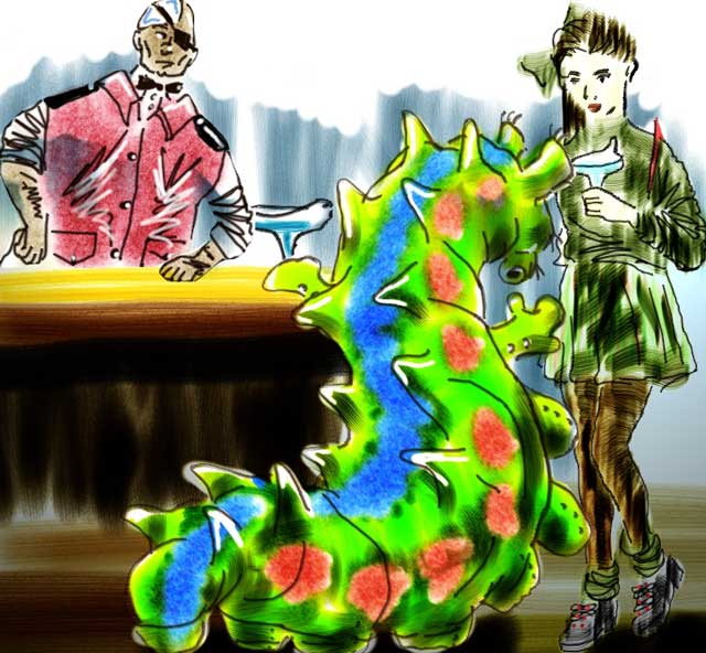 Illustration of a giant green spiky larva with red spots at a bar between a man and a young woman