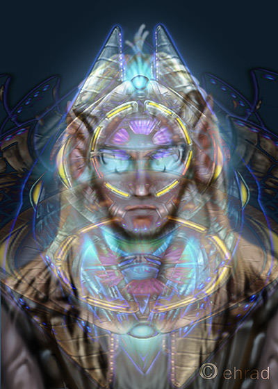 Glowing psychedelic digital portrait of a stern figure in an ornate crested headdress