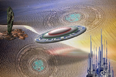 Digital art of a flying saucer over rippled desert dunes with circular patterns and distant spires