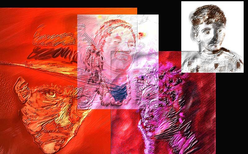 Red and pink digital collage of layered faces, including a man in a wide-brimmed hat