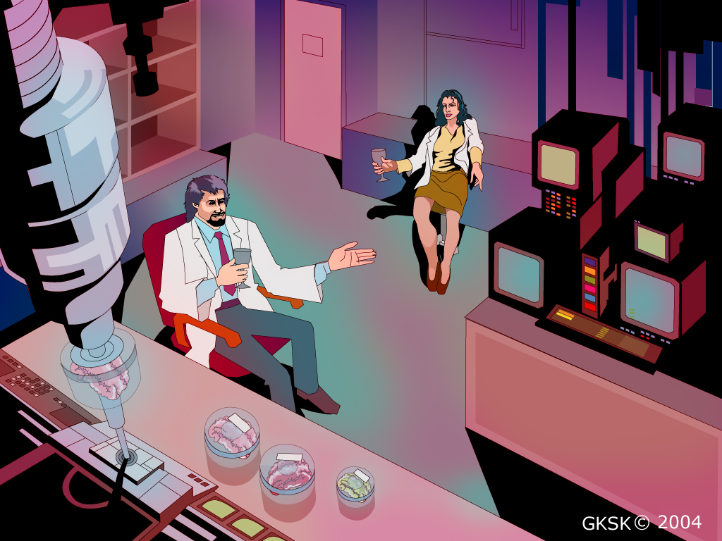 Retro-style illustration of a scientist and a woman in a futuristic room full of monitors and machines