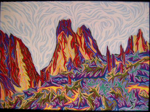 Painting of jagged red and yellow rock spires above swirling purple and green brush under a pale sky