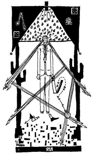 Black-and-white woodcut-style drawing of a pyramid shape with crossed arrows, cacti and symbols