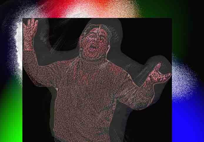 Distorted textured image of a heavy man with raised hands inside a dark frame edged with color