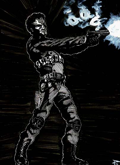 Black-and-white drawing of a soldier in tactical gear firing a pistol