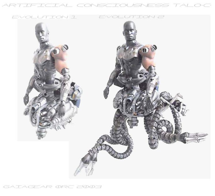 Two views of a model cyborg with a robotic upper body on a tentacled mechanical base, titled Artificial Consciousness Talo-C
