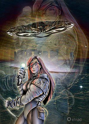 Digital painting of a woman in armor holding a glowing device beneath a hovering spaceship
