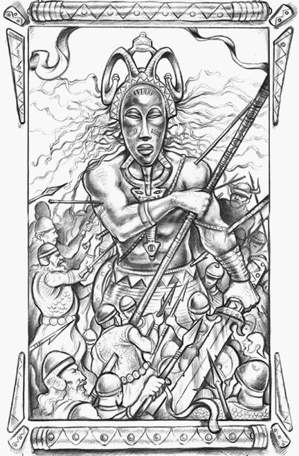 Pencil drawing of a towering masked warrior with a horned headdress and spear rising above a crowd of helmeted soldiers