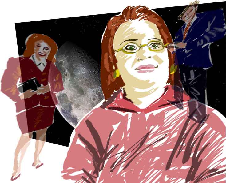 Painted illustration of a red-haired woman in glasses and a pink sweater, with a smiling saleswoman, a suited man and the Moon behind