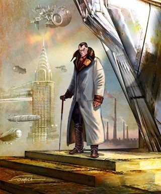 Detail of a painting: a man in a long white coat and boots holding a cane, with airships and an Art Deco tower behind