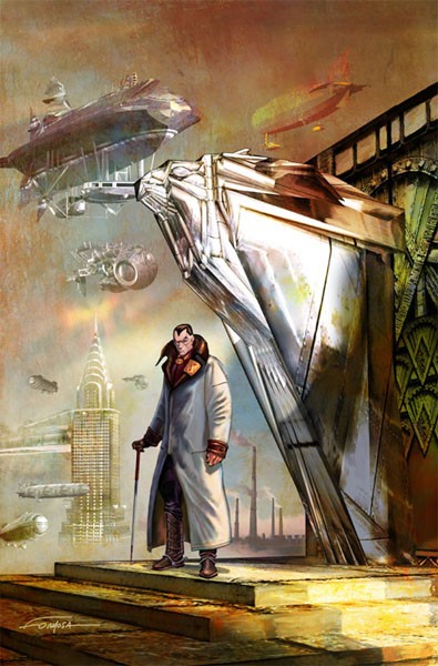 Cover painting of a man in a long white coat with a cane on stone steps, with airships, an Art Deco tower and smokestacks behind