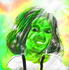 Digital portrait of a smiling woman with green skin and dark shoulder-length hair against a rainbow-colored background