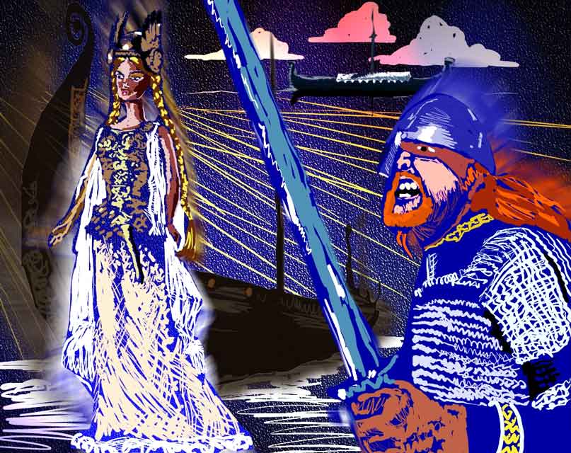 Illustration of a glowing blonde woman in a white gown and winged helmet beside a roaring red-bearded Viking with a sword, ships behind