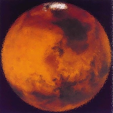 The planet Mars, orange-red with dark markings and a white polar cap, against a dark background