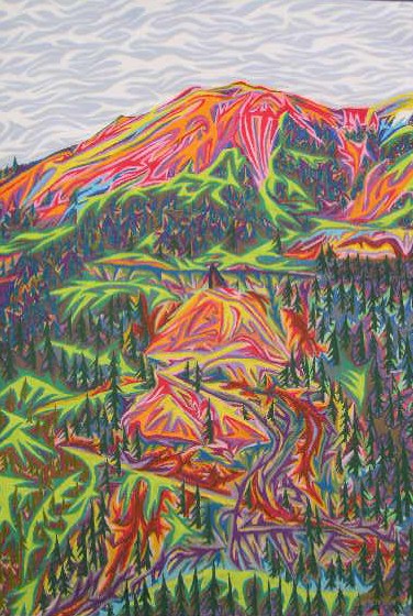 Vivid painting of a red and orange mountain above green slopes dotted with dark pine trees