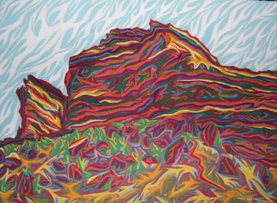 Painting of a huge red sandstone rock formation in swirling red, yellow and purple bands under a pale blue sky