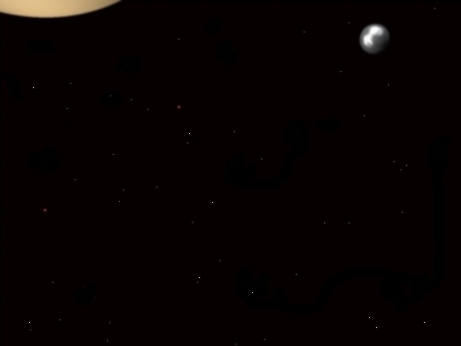 Dark starfield with the edge of a pale planet at top left and a small gray moon at top right