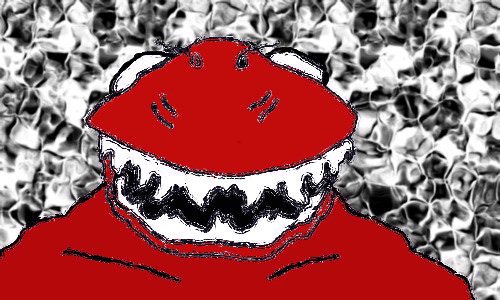 Crude drawing of a red blob-like monster with a huge toothy white grin against a gray textured background