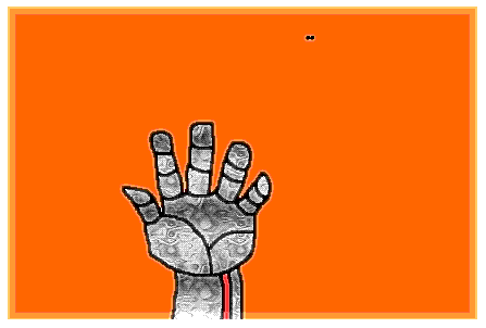 Drawing of a gray robotic hand reaching upward against an orange background
